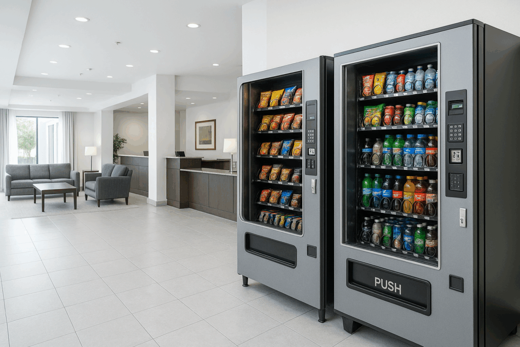 Zwei Hotel-Automaten für Snacks und Getränke in einer modernen Lobby neben der Rezeption; cashless Bedienung, LED-Beleuchtung.