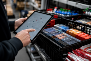 Person plant eine Automaten-Befülltour mit Tablet und vorkommissionierten Warenkisten