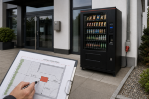 Standortprüfung für einen Verkaufsautomaten vor einem Gewerbegebäude