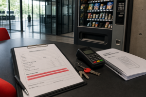 Übernahmeprotokoll mit Mangelvermerk neben Kartenterminal und Automatenschlüsseln