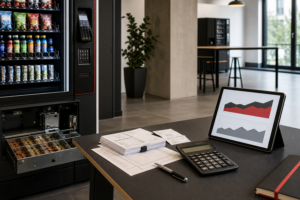 Münzspeicher, Payment-Terminal und Buchhaltungsunterlagen eines Verkaufsautomaten