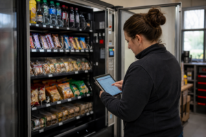 Betreiberin prüft Produkte und Verkaufsdaten an einem geöffneten Kombiautomaten