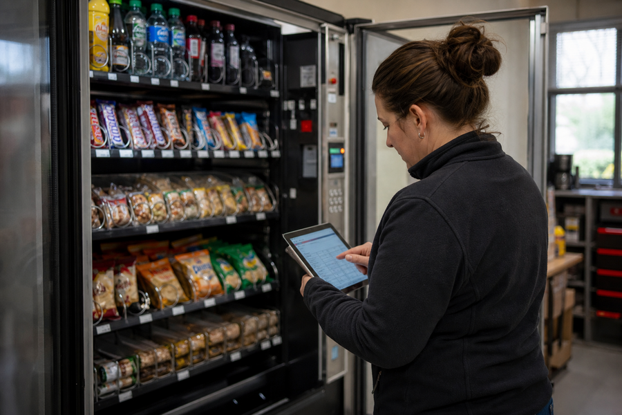 Betreiberin prüft Produkte und Verkaufsdaten an einem geöffneten Kombiautomaten