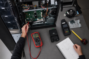 Techniker prüft Steuerplatine und Anschlüsse eines alten Verkaufsautomaten für ein Kartenterminal