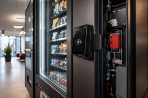 Kontaktloser Kartenleser an einem Snackautomaten neben sichtbarer Bargeldtechnik