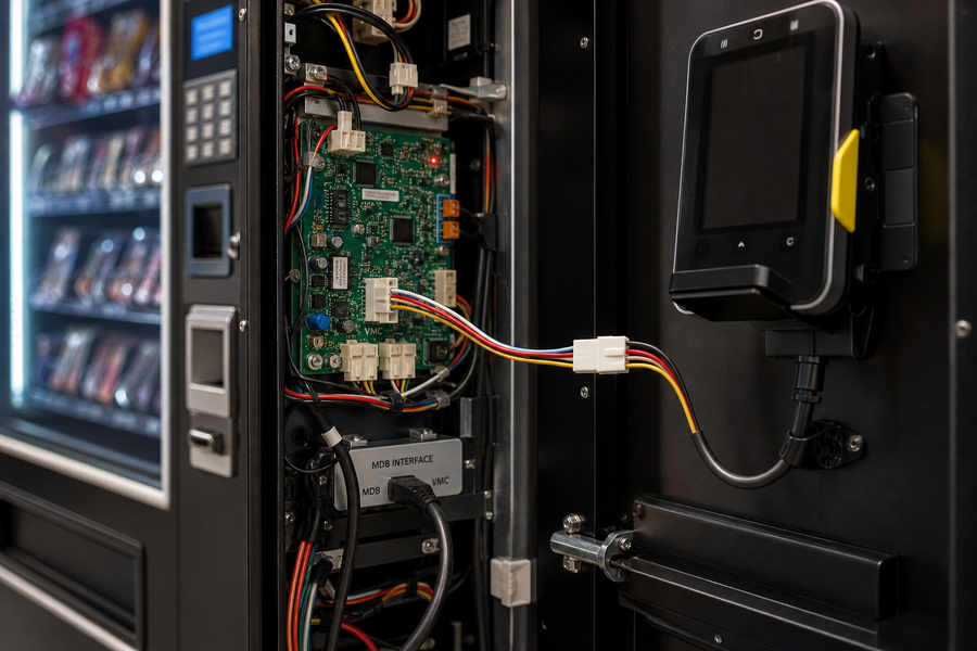 MDB-Kabel und VMC-Platine bei der Diagnose eines Nayax-Terminals