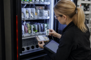 Betreiberin prüft nach einem Temperaturalarm eine Vergleichsprobe im Snackautomaten