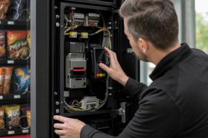 Betreiber prüft Kartenterminal und Bargeldtechnik in einem geöffneten Verkaufsautomaten
